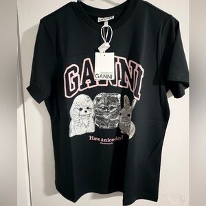 Ganni Black Tee with Pink Logo and Animal Graphics